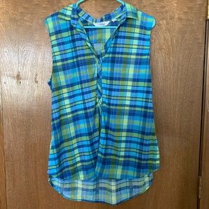 L Plaid Green and Blue Sleeveless Shirt